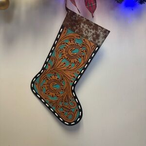 Brown and Turquoise leather with cowhide Holiday Stocking
